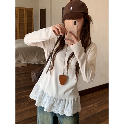 下摆拼接蕾丝边宽松长袖上衣女装
