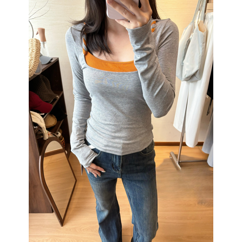 甜辣风紧身显瘦假两件挂脖上衣潮