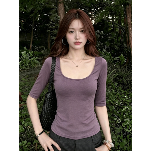 【Xzichic】紫色大u领正肩t恤女