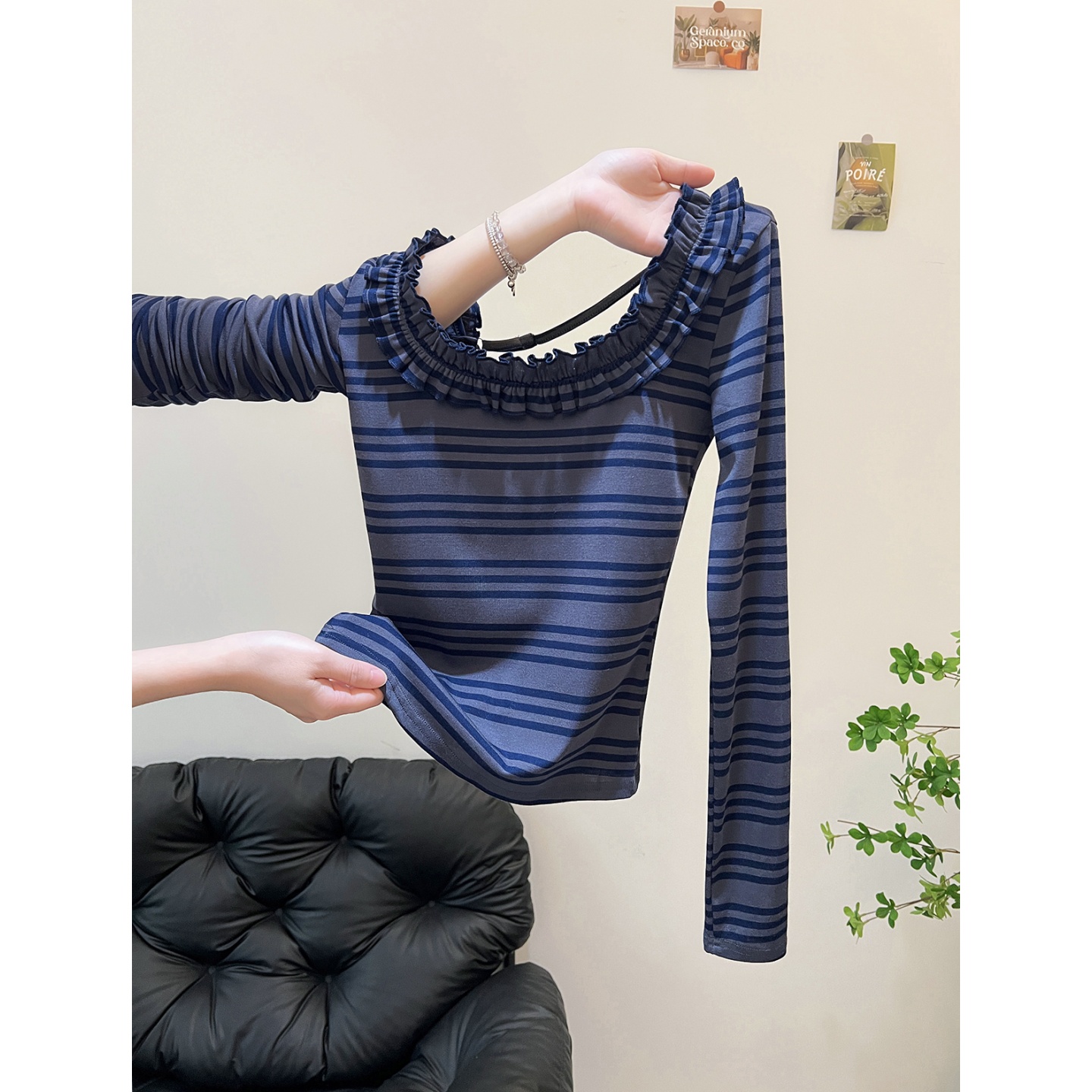 美式花边U领条纹长袖打底衫T恤女