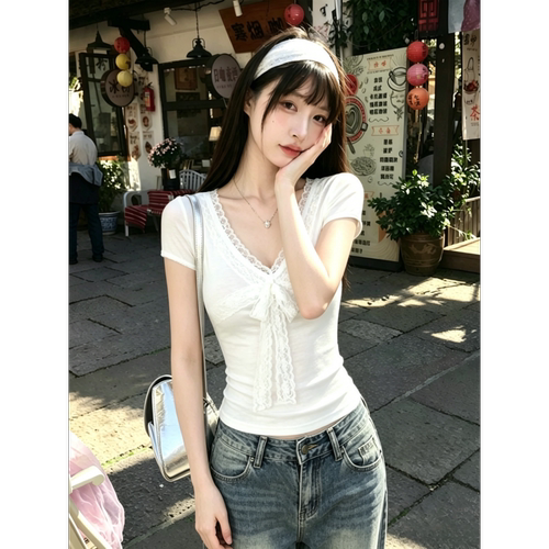 【K哥TREND】白色V领短袖t恤女