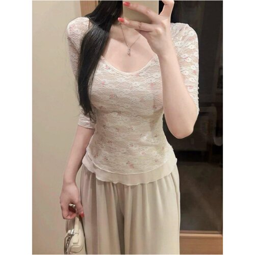 【Zzaiz】辣妹U领碎花蕾丝T恤女