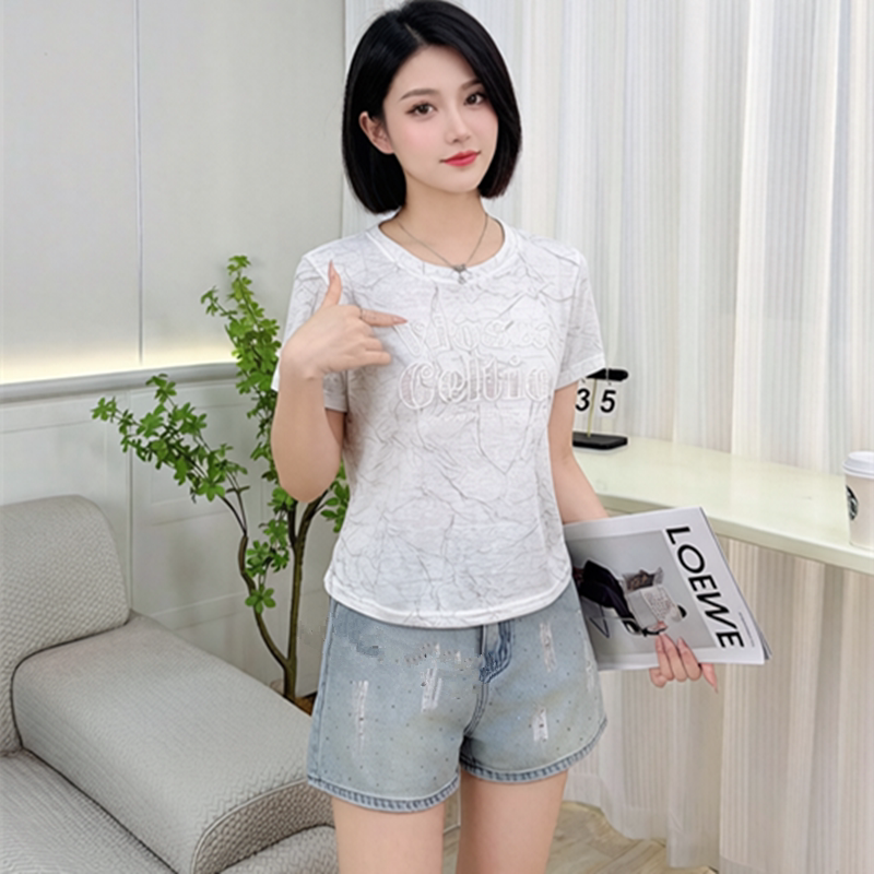 夏季亚棉麻短款显瘦刺绣T恤女