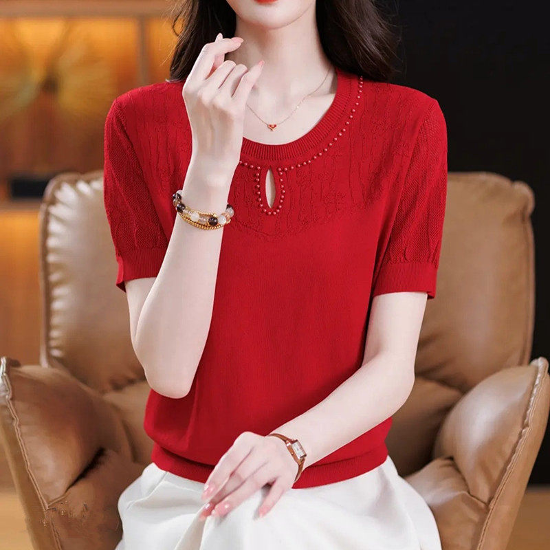 高级感冰丝短袖T恤女2026新款夏薄款提花针织衫圆领显瘦轻奢上衣