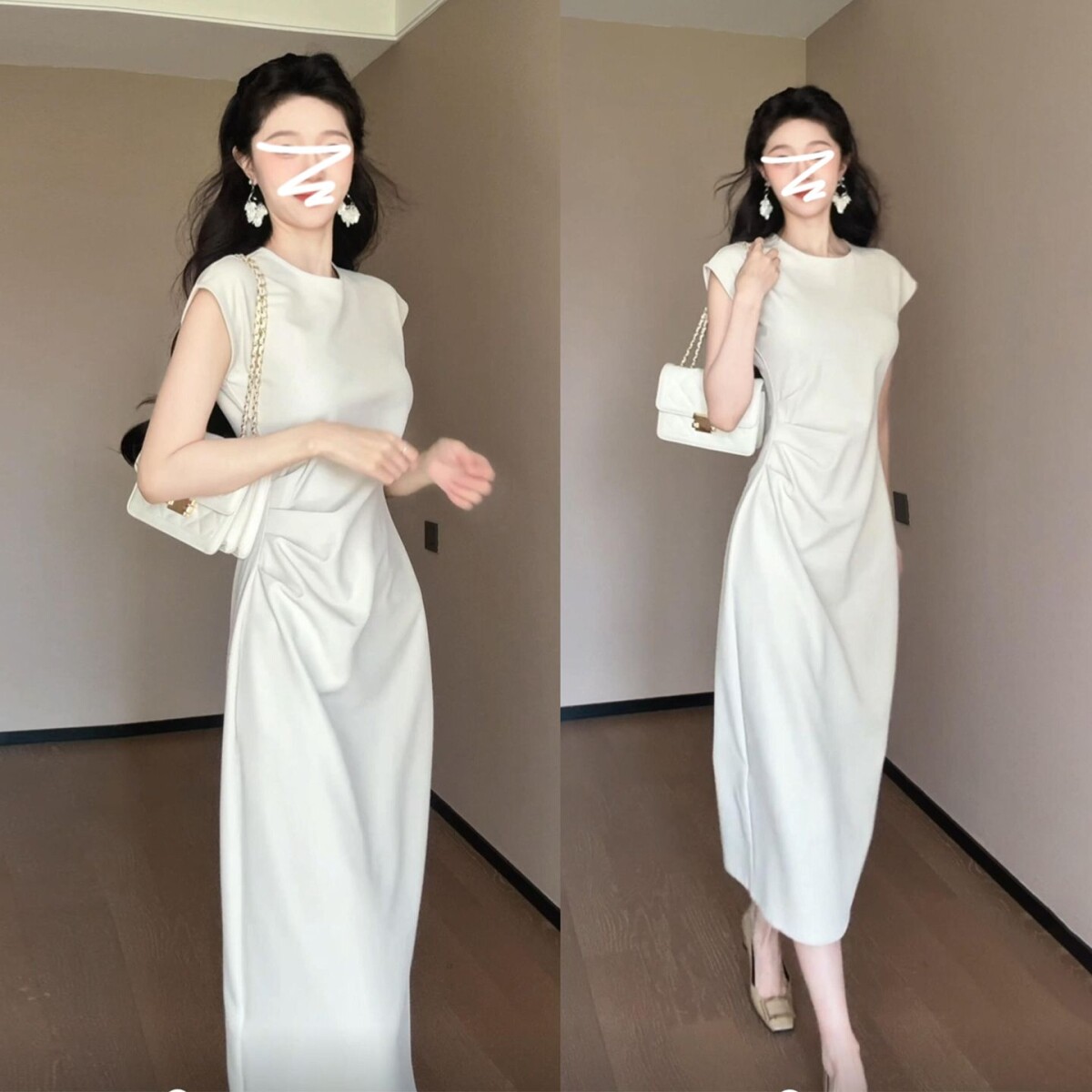 法式气质白色圆领无袖宽肩连衣裙子女2026夏季中长款掐腰连身长裙