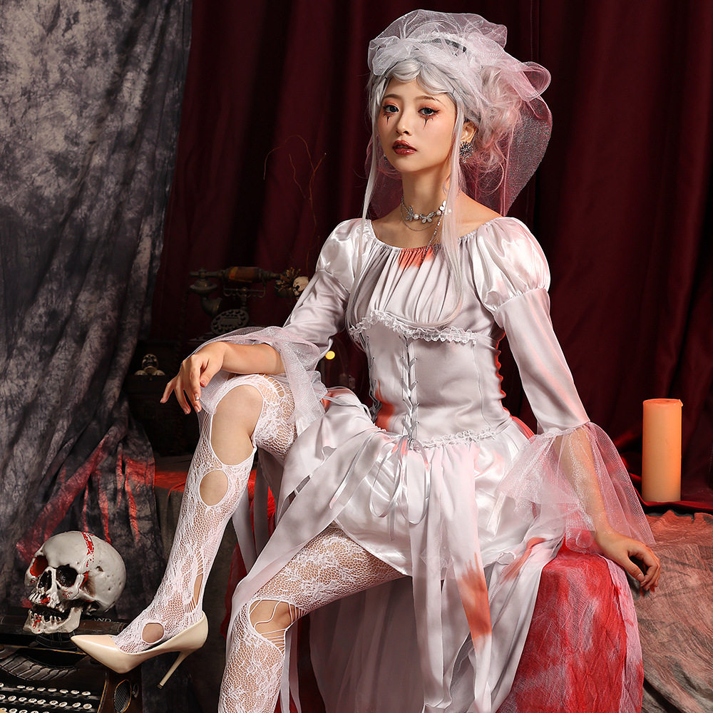 万圣节恐怖灰色血迹鬼新娘婚纱头纱夜场酒吧派对丧尸cosplay服装