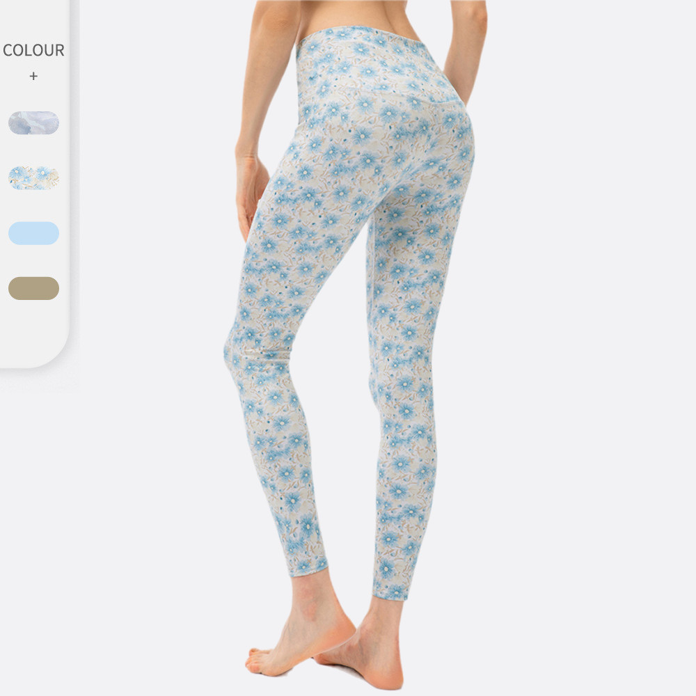 中国风印花健身裤裸感无尴尬线瑜伽裤女加宽高腰蜜桃臀运动紧身裤