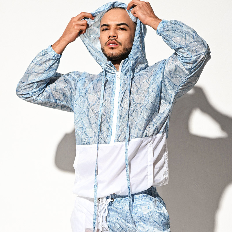 男士薄款透视沙滩防晒衫套头半拉链连帽卫衣宽松长袖跑步运动外套