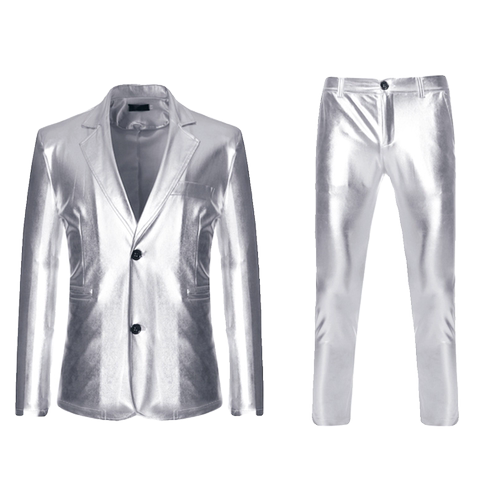男士加大码金色亮面仿皮西装长裤派对礼服烫金西服外套裤子两件套
