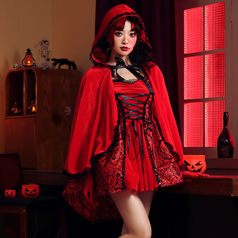 万圣节女款童话故事小红帽cosplay连衣裙女王角色扮演服连帽披风图片