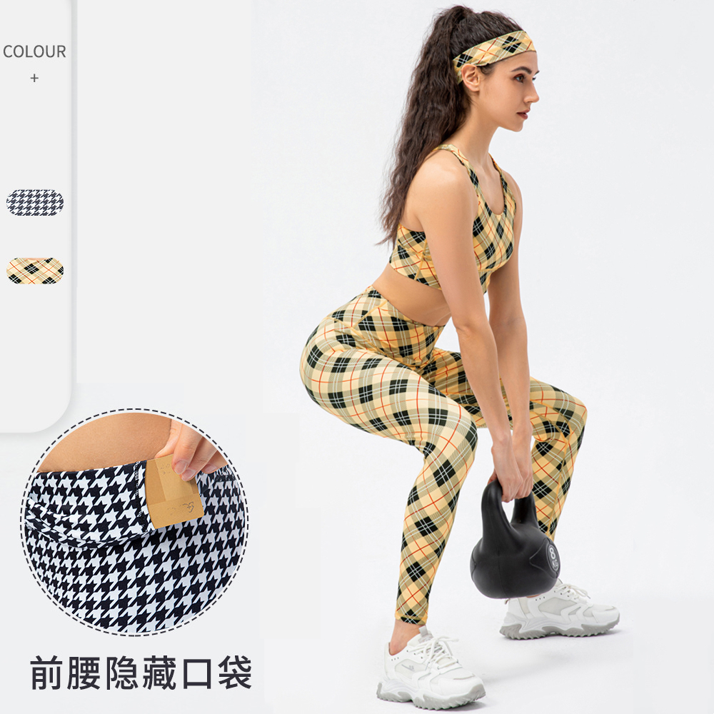 女士加大码格子跑步运动长裤高弹紧身瑜伽裤高腰蜜桃臀健身裤背心