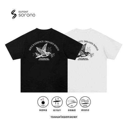 toughleaf(凉感防晒)英文鸟印花索罗娜t恤男速干抑菌宽松情侣短袖