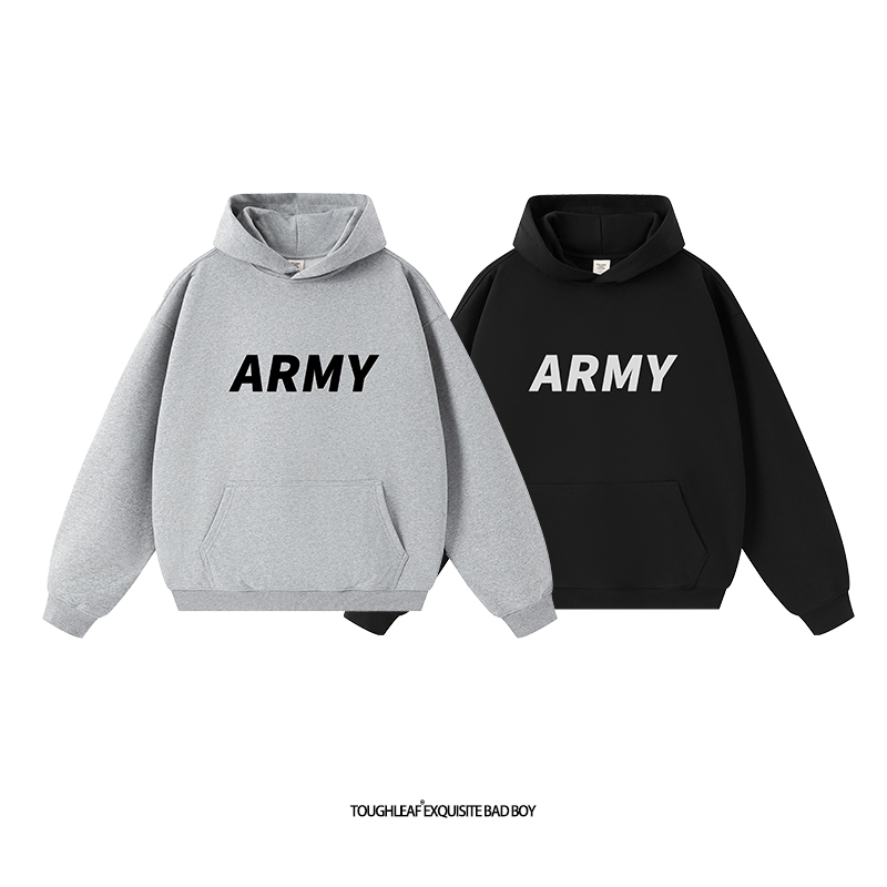 toughleaf(毛圈抓毛)(不加绒)500g重磅ARMY印花情侣连帽卫衣男女