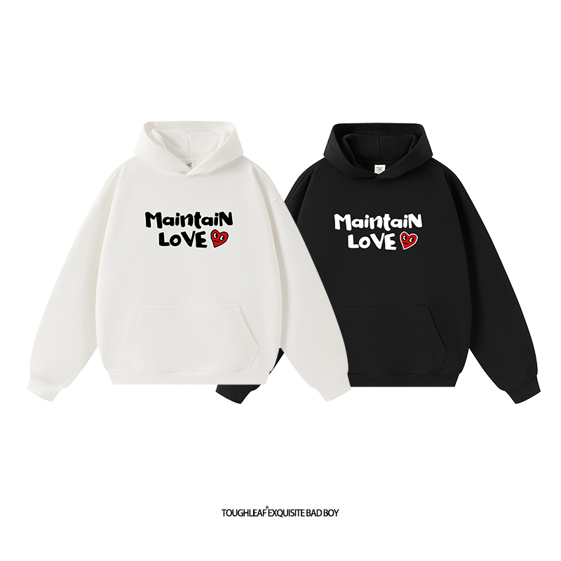 toughleaf(毛圈抓毛)(不加绒)500g重磅爱心印花情侣连帽卫衣男女