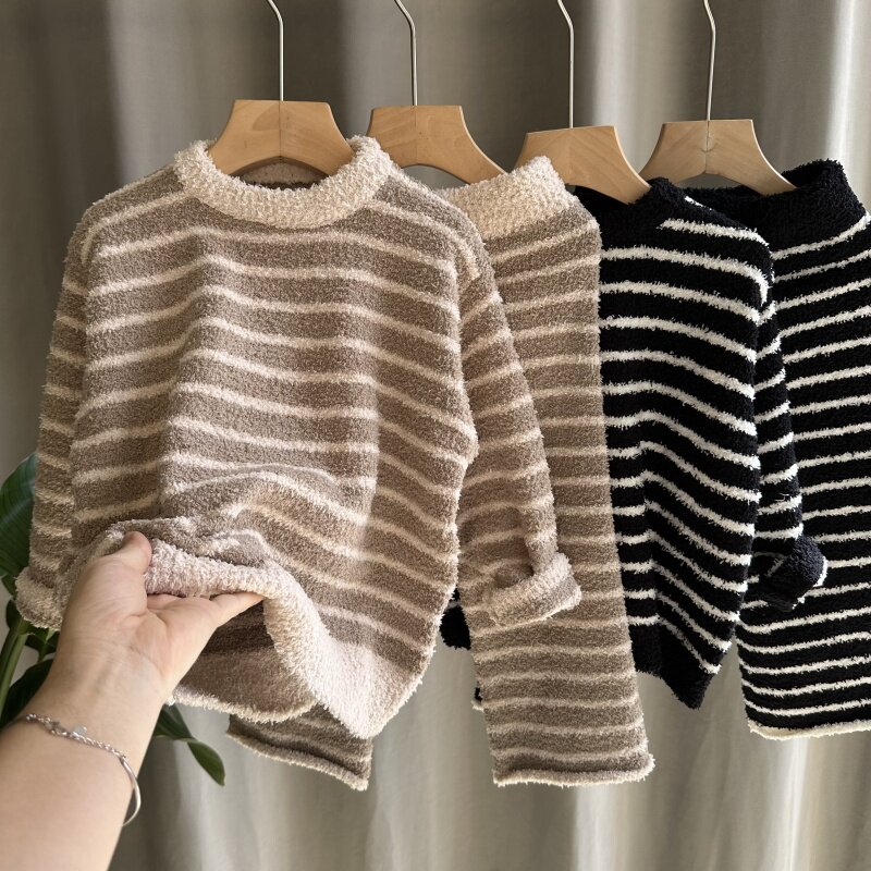 儿童睡衣套装2025冬季毛线衣男女童条纹半边绒家居服两件套毛线衣