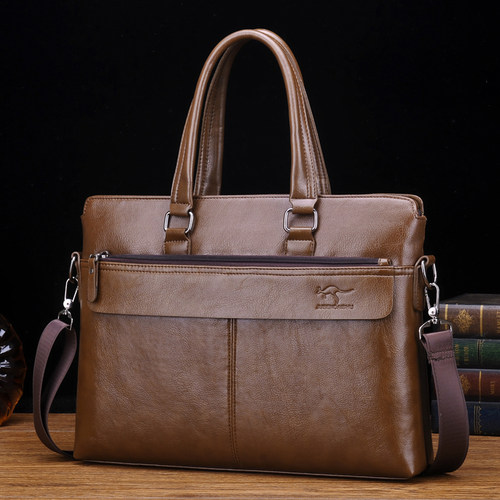 正品袋鼠手提包横款商务牛皮单肩