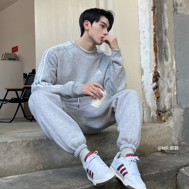 新款 阿迪达斯运动套装男装23冬季灰色加绒圆领卫衣休闲束脚长裤