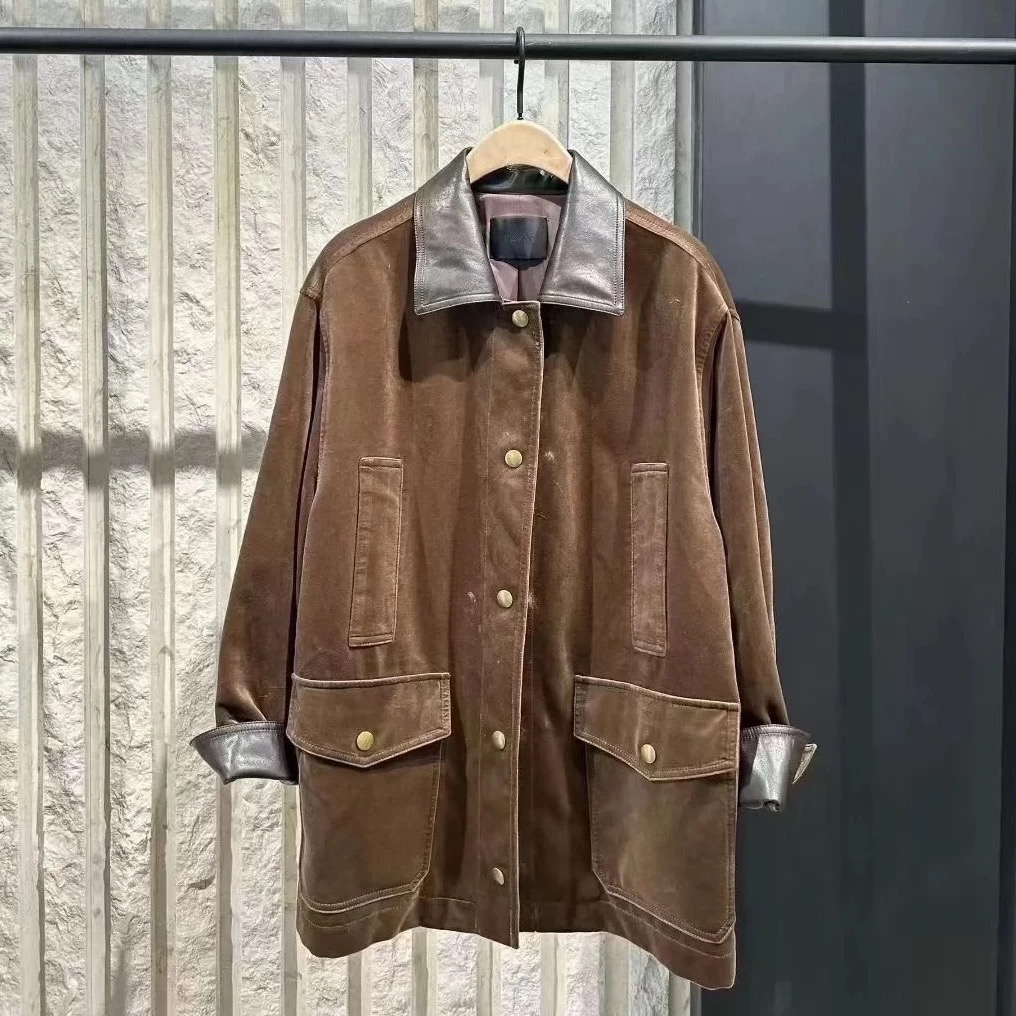 正品2025秋新品复古棕绒素皮拼接中性廓形工装夹克外套MBE3COT010