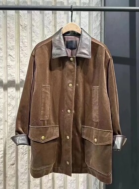正品2025秋新品复古棕绒素皮拼接中性廓形工装夹克外套MBE3COT010