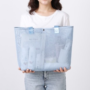 高颜值时尚 手提袋透明包包女外出手拎网纱编织袋大容量环保购物袋