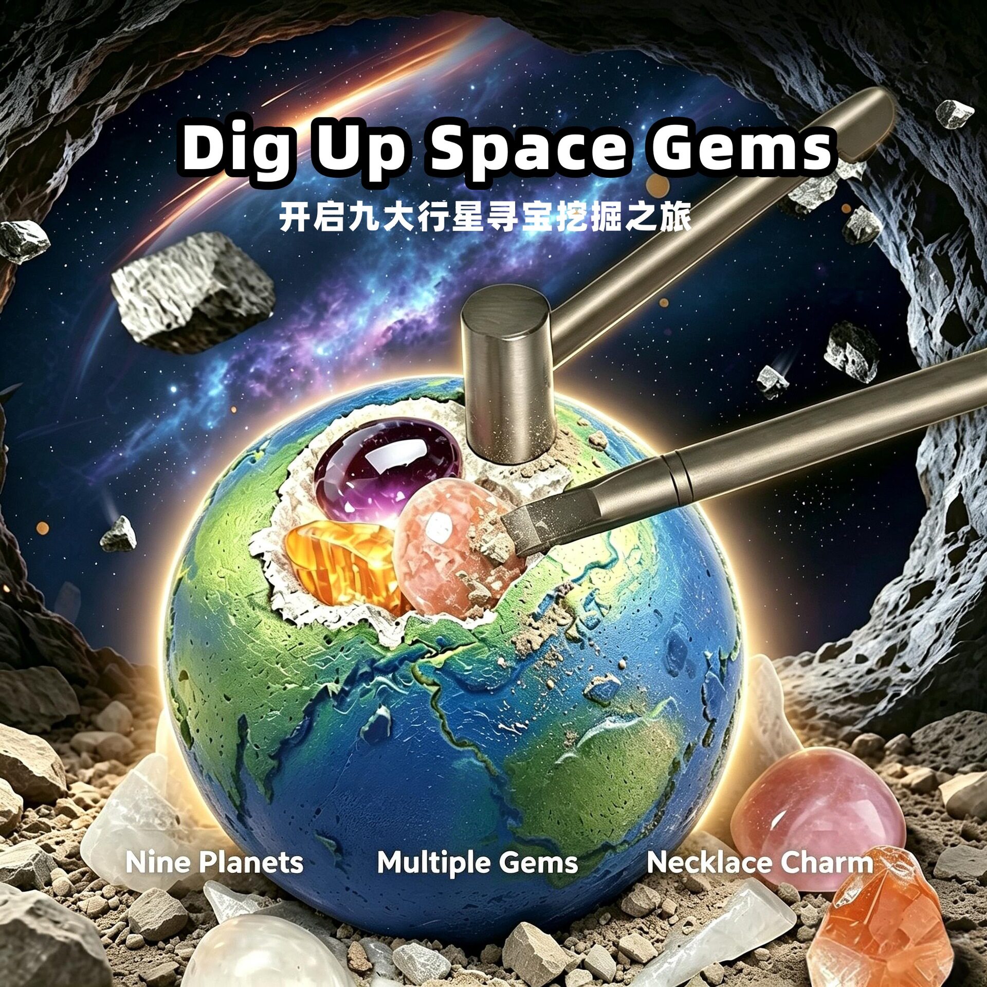 严选挖宝石太阳系九大行星儿童考古挖掘玩具diy宝石项链吊坠挖宝