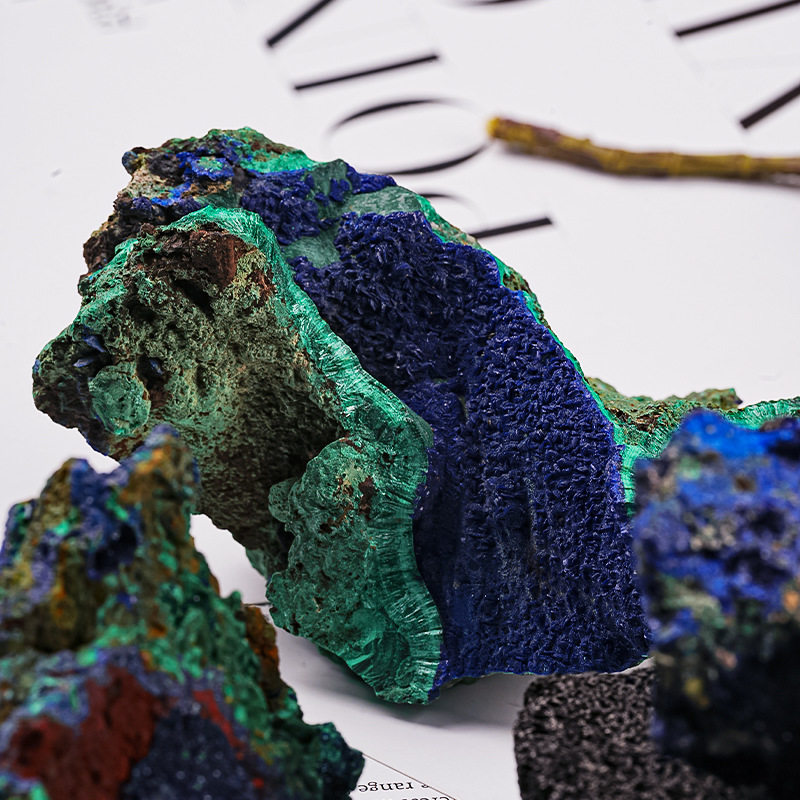 天然水晶蓝铜矿原石 蓝铜矿和孔雀石共生 蓝铜矿原石标本摆件批发