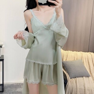 套装 女吊带短裤 冰丝睡袍女三件套家居服纯欲风 纯色薄款 性感夏季
