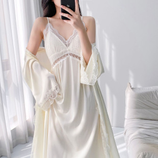 冰丝睡袍睡衣气质家居服 胸垫吊带性感两件套长款 2026睡裙新款 薄款