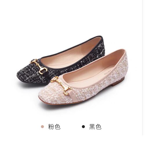2025春夏新款优雅饰扣小香风方头浅口奶奶鞋女平跟套脚单鞋01211
