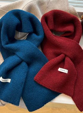 澳洲100%纯羊毛小围巾女秋冬保暖针织百搭韩系交叉围脖护颈情侣款
