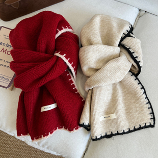 红色氛围感小香风羊毛混纺围巾重工锁边工艺百搭情侣款 围脖女冬季