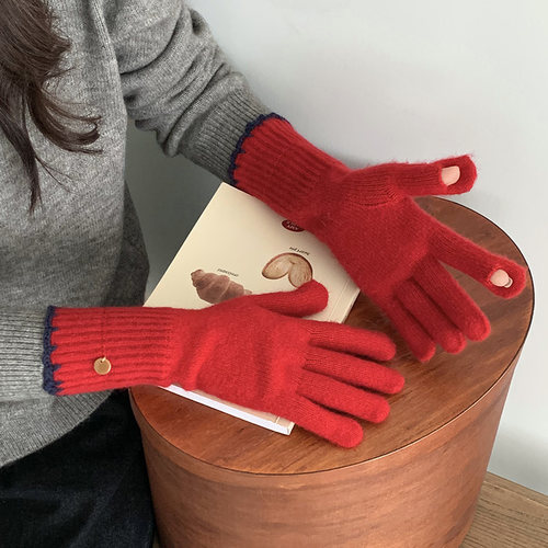 长款针织手套含羊毛分指触屏