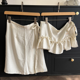 叠穿裙帘遮臀显瘦 气质大码 法式 浪漫风米色波点屁帘系带半身裙女款
