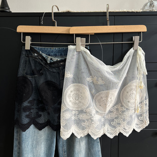 辣妹风蕾丝屁帘女下摆叠穿网纱一片式 打底裙帘 系带半身裙配牛仔裤