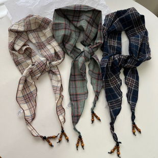 日系复古格子串珠吊坠三角巾丝巾女春夏季 百搭叠穿系腰屁帘包头巾