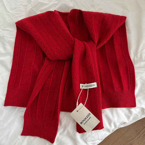 新款韩国博主同款红色针织披肩