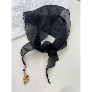 肌理感黑色网纱串珠三角巾女春夏薄款 饰领巾 丝巾高级感护颈系脖装