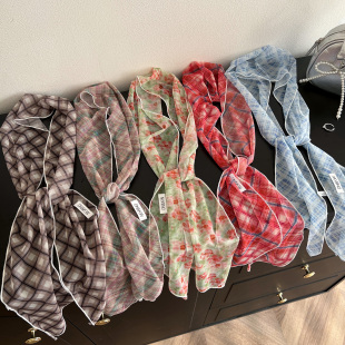 韩系格子碎花网纱丝巾女高级感系脖透气薄款 长条领巾发带围巾配饰