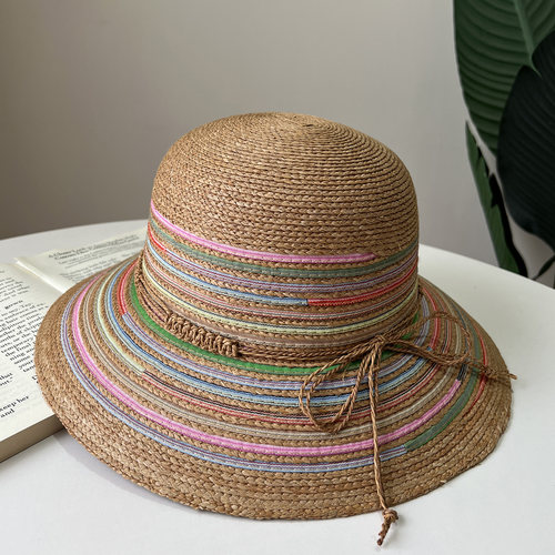 拉菲草帽夏季彩色条纹大檐遮阳帽