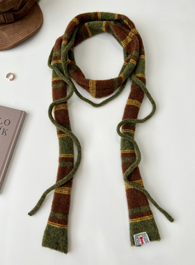 日系原宿风拼色长条针织辣妹装饰围脖时髦百搭小众复古条纹细围巾