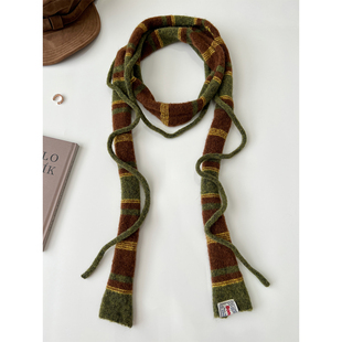 日系原宿风拼色长条针织辣妹装饰围脖时髦百搭小众复古条纹细围巾