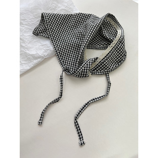日系萝莉风复古小格子三角巾时髦叠穿系腰屁帘拍照氛围感包头巾女