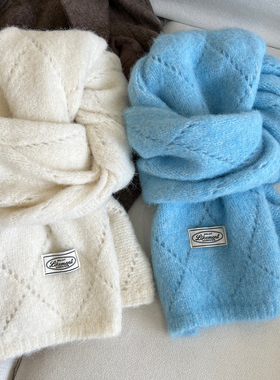 蓝色围巾女冬季韩系软糯ins羊毛混纺高级感加厚保暖针织围脖学生