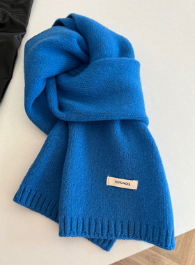 蓝色高级感100%羊毛围巾女冬季时髦百搭针织保暖学生围脖2025新款