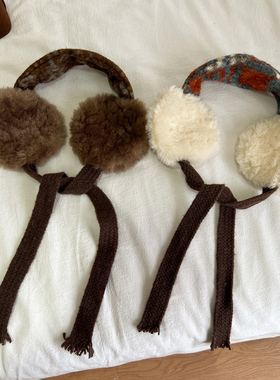 复古格纹毛绒系带耳罩保暖耳帽女冬季户外骑行防风护耳耳套耳捂子
