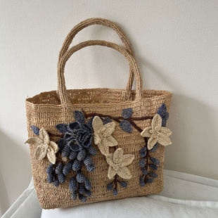 纯手工钩针立体花朵拉菲草编织包女士气质优雅手提包大容量沙滩包