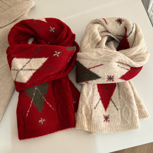 韩系复古菱格围巾女冬季含羊毛