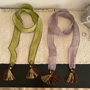 时髦波西风亚麻细窄长条丝巾女夏季 流苏围脖百搭高级感气质长领巾