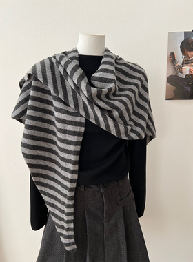 澳洲羊毛wool100%披肩加大秋冬文艺简约条纹保暖三角巾针织围巾女