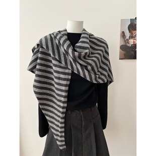 澳洲羊毛wool100%披肩加大秋冬文艺简约条纹保暖三角巾针织围巾女